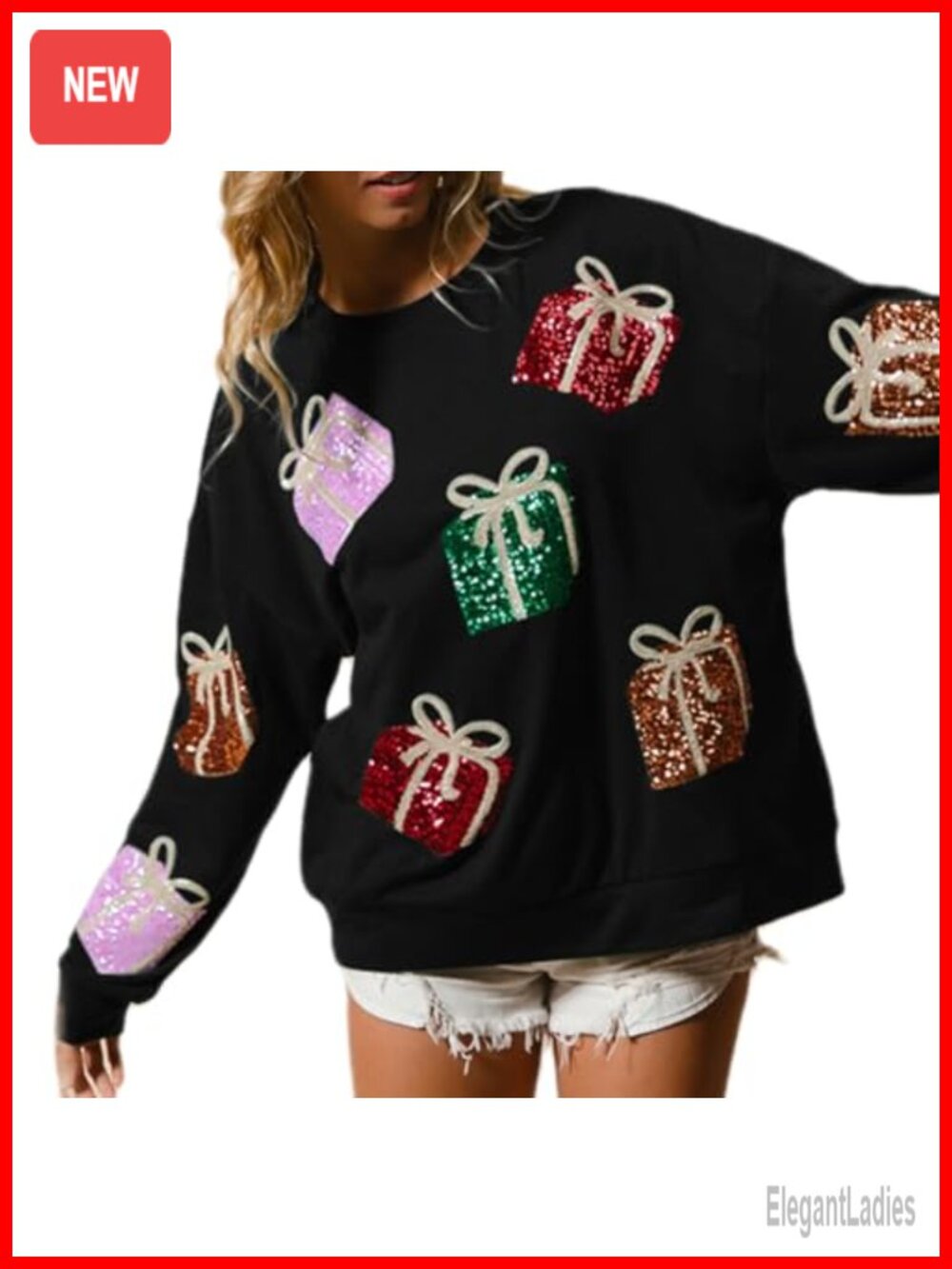 Women's Glitter Christmas Sweatshirt Oversized Long Sleeve Pullover